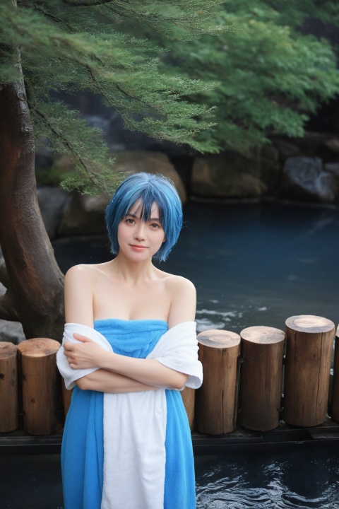  arien_hanfu,big_breasts,a 60yo lady,old woman, left and right different colors, onsen,  solo, towel, blue eyes, naked towel, steam, blue hair, blush, short hair, looking at viewer, bangs, wet, wading, outdoors, collarbone, hair between eyes, tree, water, cleavage, night, fence, standing, bare shoulders, rock, wet towel, bare arms, wooden fence, dutch angle, covering mouth, lantern, bare tree, ass visible through thighs
, color patches,contrast, swukong
