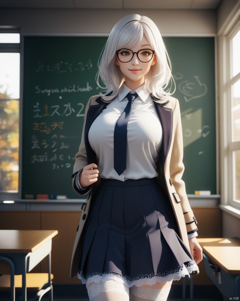  masterpiece, best quality, delicate face, pretty girl, coat,white shirt, skirt, white lace thighhighs, interior, teacher, classroom, chalkboard with word" smile ^-^", smile, glasses, perfect figure, Slim figure,white hair, big breasts, chest tightness, backlight, first-class, low key,warm theme, bright and colorful tones, 3D, high resolution, 1 girl, gorgeously dressed, transparent,sweater,printlegwear,bokeh,刘诗诗