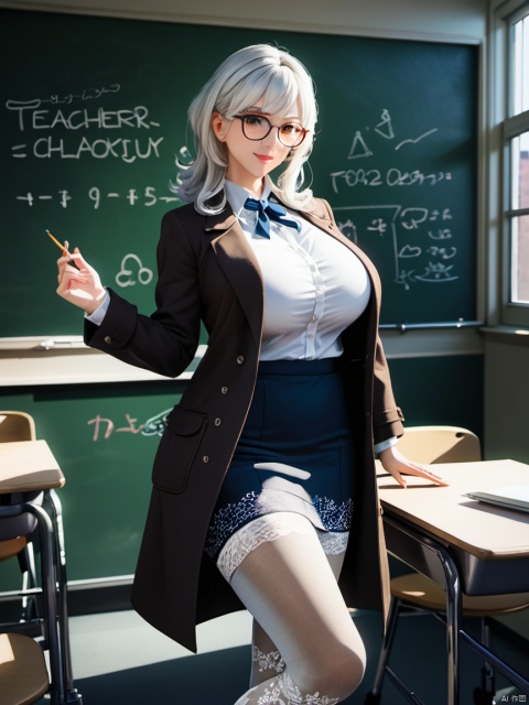  masterpiece, best quality, delicate face, pretty girl, coat,white shirt, skirt, white lace thighhighs, interior, teacher, classroom, chalkboard, smile, glasses, perfect figure, Slim figure,white hair, big breasts, huge breasts, chest tightness, backlight,  first-class, low key,worm theme, bright and colorful tones, 3D, high resolution, 1 girl, gorgeously dressed, transparent,sweater,print legwear