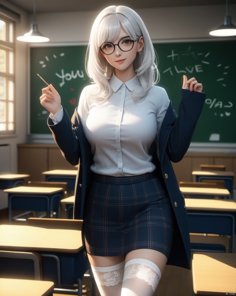  masterpiece, best quality, delicate face, pretty girl, coat,white shirt, skirt, white lace thighhighs, interior, teacher, classroom, chalkboard with word" i love you", smile, glasses, perfect figure, Slim figure,white hair, big breasts, chest tightness, backlight, first-class, low key,warm theme, bright and colorful tones, 3D, high resolution, 1 girl, gorgeously dressed, transparent,sweater,printlegwear,bokeh,刘诗诗