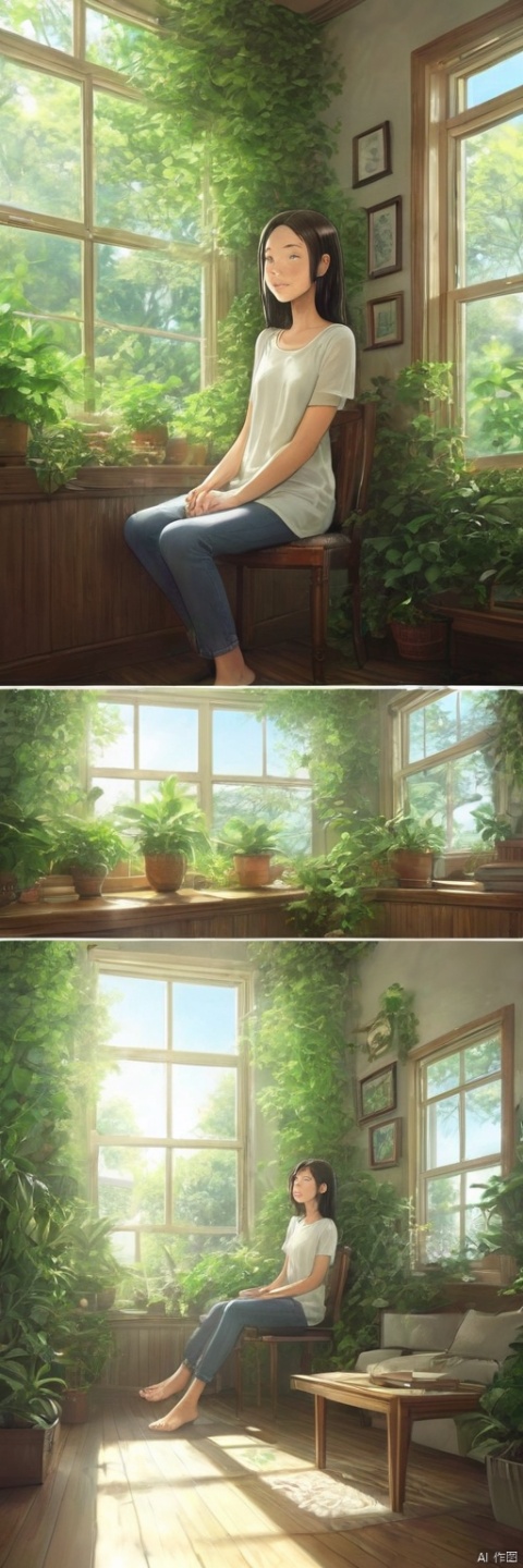comic,a girl sitting in the sunny room looking at outside, surrounded by lush plants, exuding vitality. Sunlight streamed through the glass windows, falling onto the wooden furniture, creating a warm and cozy atmosphere. She gazed calmly out the window, a peaceful and joyful smile playing on her face, from below,from_behind ,