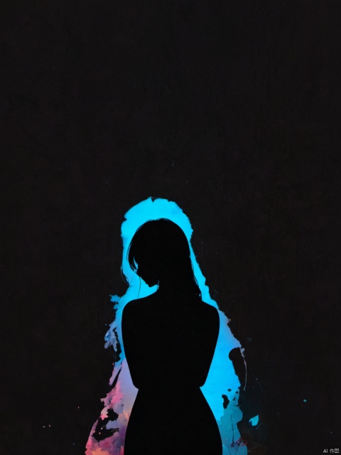  silhouette painting, ethereal ambiance,dark theme,a nude busty girl's Colorful silhouette,from_behind,simple_background,black background,Minimalist Photography
