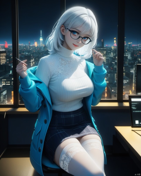  masterpiece, best quality, delicate face, nionpunk,pretty cyborg girl, coat,white shirt, skirt, white lace thighhighs, interior, teacher, city night, neon with word" 110011010111100111", smile, glasses, perfect figure, Slim figure,white hair, big breasts, chest tightness, backlight, first-class, low key,blue cold theme, bright and colorful tones, 3D, high resolution, 1 girl, gorgeously dressed, transparent,sweater,printlegwear,bokeh,刘诗诗