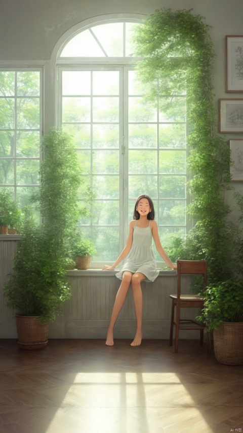 a girl sitting in the sunny room surrounded by lush plants, exuding vitality. Sunlight streamed through the glass windows, falling onto the wooden furniture, creating a warm and cozy atmosphere. She gazed calmly out the window, a peaceful and joyful smile playing on her face., from below,