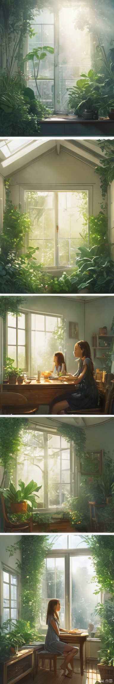 comic,a girl sitting in the sunny room looking at outside, surrounded by lush plants, exuding vitality. Sunlight streamed through the glass windows, falling onto the wooden furniture, creating a warm and cozy atmosphere. She gazed calmly out the window, a peaceful and joyful smile playing on her face, from below,from_behind ,warm theme,light and shadow, bokeh,foggy,by Roger Dean,