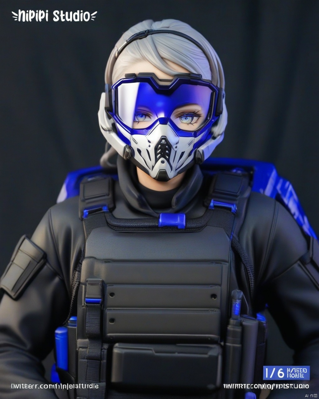 (UHQ, 8k, high resolution), Create a character design for a skilled military operative named Captain Steelhawk, Picture them in a tactical, dark-gray uniform with a concealed face behind a high-tech mask featuring piercing blue eyes
