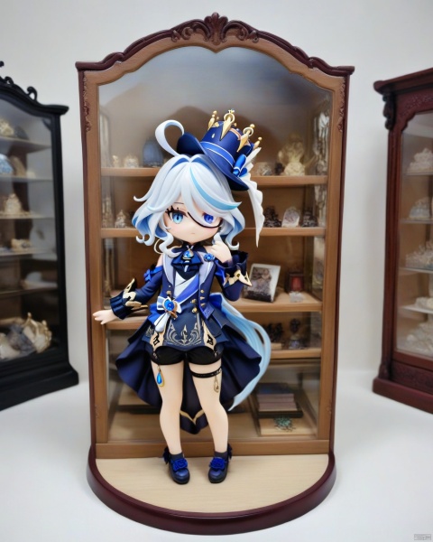  chibi,full body,Gameplay,happy expression,
Positive, delicate facial features,heterochromia, furina, 1girl, solo, cutout dress, clothing cutout, Traditional glasses art  display cabinets, closed mouth, shouban
