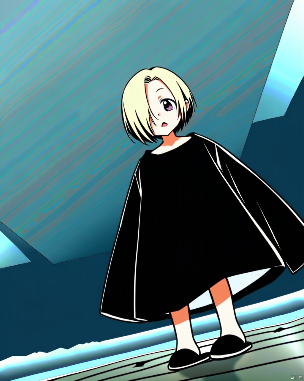  1girl, shirasaka koume, solo, best quality, detailed, from below, full body, looking at viewer, standing, looking down, open mouth, hair over one eye, short hair, oversized clothes, long sleeves, sleeves past fingers, perspective, ceiling, indoors, slippers, crack, puddle