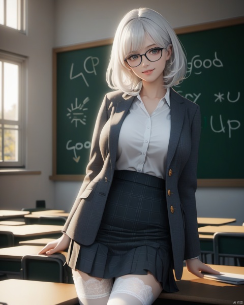  masterpiece, best quality, delicate face, pretty girl, coat,white shirt, skirt, white lace thighhighs, interior, teacher, classroom, chalkboard with word" good good study day day up", smile, glasses, perfect figure, Slim figure,white hair, big breasts, chest tightness, backlight, first-class, low key,warm theme, bright and colorful tones, 3D, high resolution, 1 girl, gorgeously dressed, transparent,sweater,printlegwear,bokeh,刘诗诗