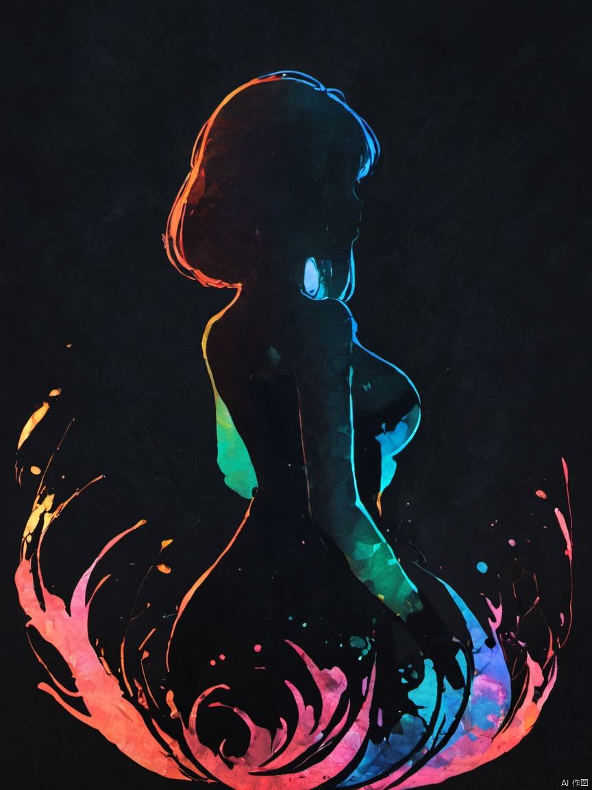  silhouette painting, ethereal ambiance,dark theme,a nude busty girl's Colorful silhouette,from_behind,simple_background,black background,Minimalist Photography
