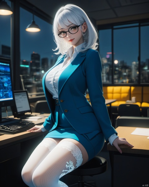  masterpiece, best quality, delicate face, nionpunk,pretty cyborg girl, coat,white shirt, skirt, white lace thighhighs, interior, teacher, city night, neon with word" 110011010111100111", smile, glasses, perfect figure, Slim figure,white hair, big breasts, chest tightness, backlight,  low key,blue cold theme, bright and colorful tones, 3D, high resolution, 1 girl, gorgeously dressed, transparent,sweater,printlegwear,bokeh,刘诗诗
