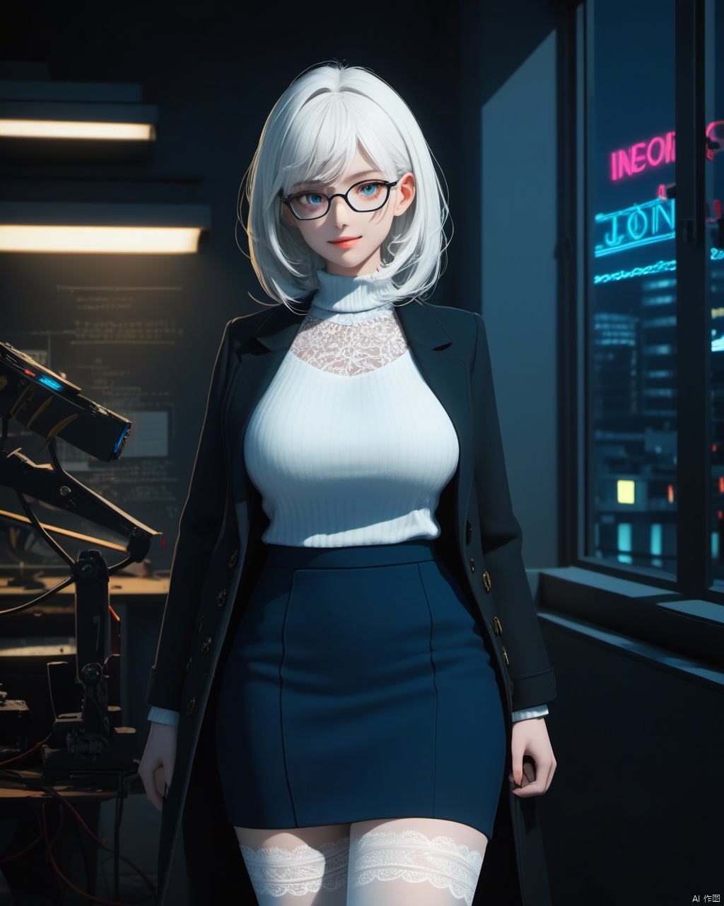  masterpiece, best quality, dark night,black night,dark theme,delicate face, nionpunk,pretty cyborg girl, coat,white shirt, skirt, white lace thighhighs, interior, teacher, city night, neon with word" 110011010111100111", smile, glasses, perfect figure, Slim figure,white hair, big breasts, chest tightness, backlight,  low key,blue cold theme, bright and colorful tones, 3D, high resolution, 1 girl, gorgeously dressed, transparent,sweater,printlegwear,bokeh,刘诗诗