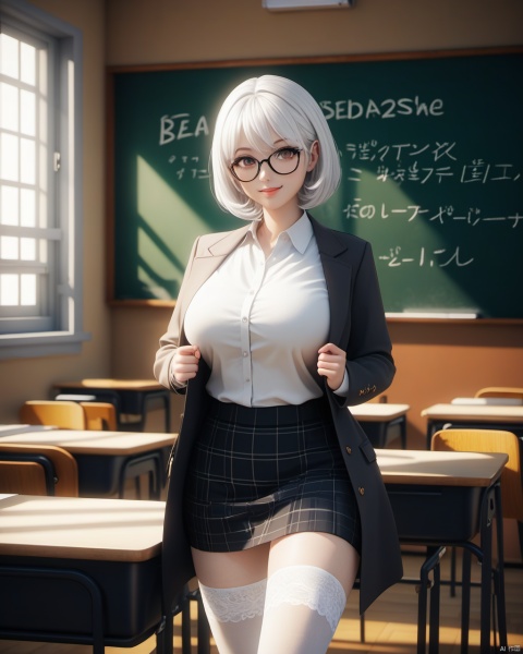  masterpiece, best quality, delicate face, pretty girl, coat,white shirt, skirt, white lace thighhighs, interior, teacher, classroom, chalkboard with word" smile ^-^", smile, glasses, perfect figure, Slim figure,white hair, big breasts, chest tightness, backlight, first-class, low key,warm theme, bright and colorful tones, 3D, high resolution, 1 girl, gorgeously dressed, transparent,sweater,printlegwear,bokeh,刘诗诗