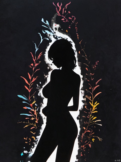  silhouette painting, ethereal ambiance,dark theme,a nude busty girl's Colorful silhouette,from_behind,simple_background,black background,Minimalist Photography
