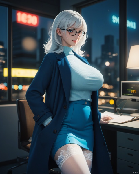  masterpiece, best quality, delicate face, nionpunk,pretty cyborg girl, coat,white shirt, skirt, white lace thighhighs, interior, teacher, city night, neon with word" 110011010111100111", smile, glasses, perfect figure, Slim figure,white hair, big breasts, chest tightness, backlight,  low key,blue cold theme, bright and colorful tones, 3D, high resolution, 1 girl, gorgeously dressed, transparent,sweater,printlegwear,bokeh,刘诗诗