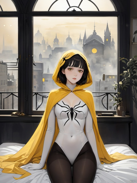 sexy spider girl on bed,black pantyhose,yellow ribion,pure white theme,bokeh,foggy windows,art by Fernand Khnopff