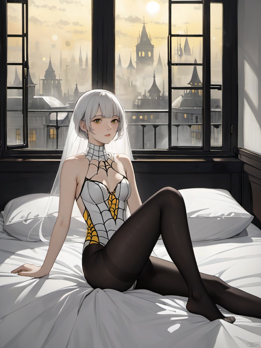 sexy spider girl on bed,black pantyhose,yellow ribion,pure white theme,bokeh,foggy windows,art by Fernand Khnopff