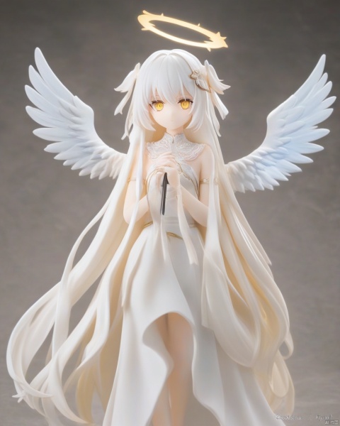  a girl, {{angel}}, solo, Light particle, very_long_hair, white_hair, yellow_eyes, glowing eyes, expressionless, [[light_smile]], [[[[white Tulle skirt]]]], {white silk}, looking_at_viewer, {{{{angel_wings}}}}, {{large_wings}}, multiple_wings, {angel_halo}, [[[starry sky]]], {{dusk_sky}}, {{Floating light spot}}, {{Lots of feathers}}, figure