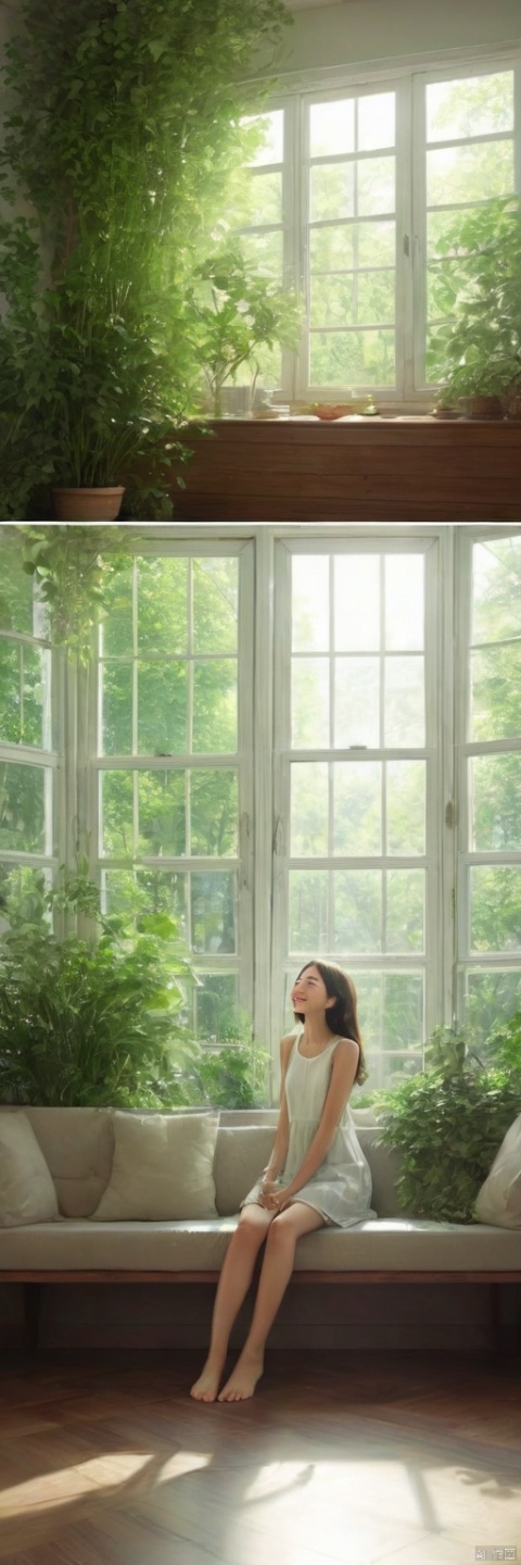 a girl sitting in the sunny room looking at outside, surrounded by lush plants, exuding vitality. Sunlight streamed through the glass windows, falling onto the wooden furniture, creating a warm and cozy atmosphere. She gazed calmly out the window, a peaceful and joyful smile playing on her face., from below,