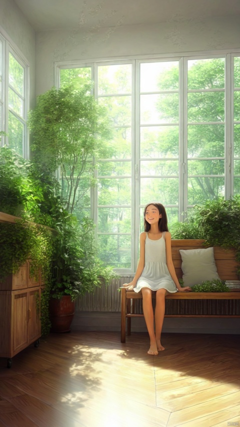 a girl sitting in the sunny room surrounded by lush plants, exuding vitality. Sunlight streamed through the glass windows, falling onto the wooden furniture, creating a warm and cozy atmosphere. She gazed calmly out the window, a peaceful and joyful smile playing on her face., from below,