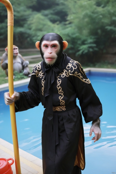  arien_hanfu, large breasts,black Gothic style,The image features an old odd laugh monkey standing in a swimming pool, swukong,da shengclothing
