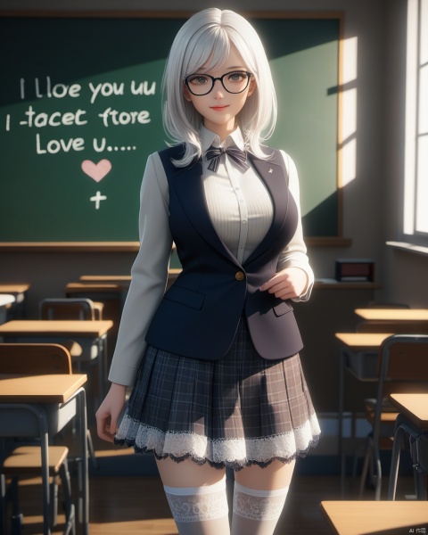  masterpiece, best quality, delicate face, pretty girl, coat,white shirt, skirt, white lace thighhighs, interior, teacher, classroom, chalkboard with word" I love u", smile, glasses, perfect figure, Slim figure,white hair, big breasts, chest tightness, backlight, first-class, low key,warm theme, bright and colorful tones, 3D, high resolution, 1 girl, gorgeously dressed, transparent,sweater,printlegwear,bokeh,刘诗诗