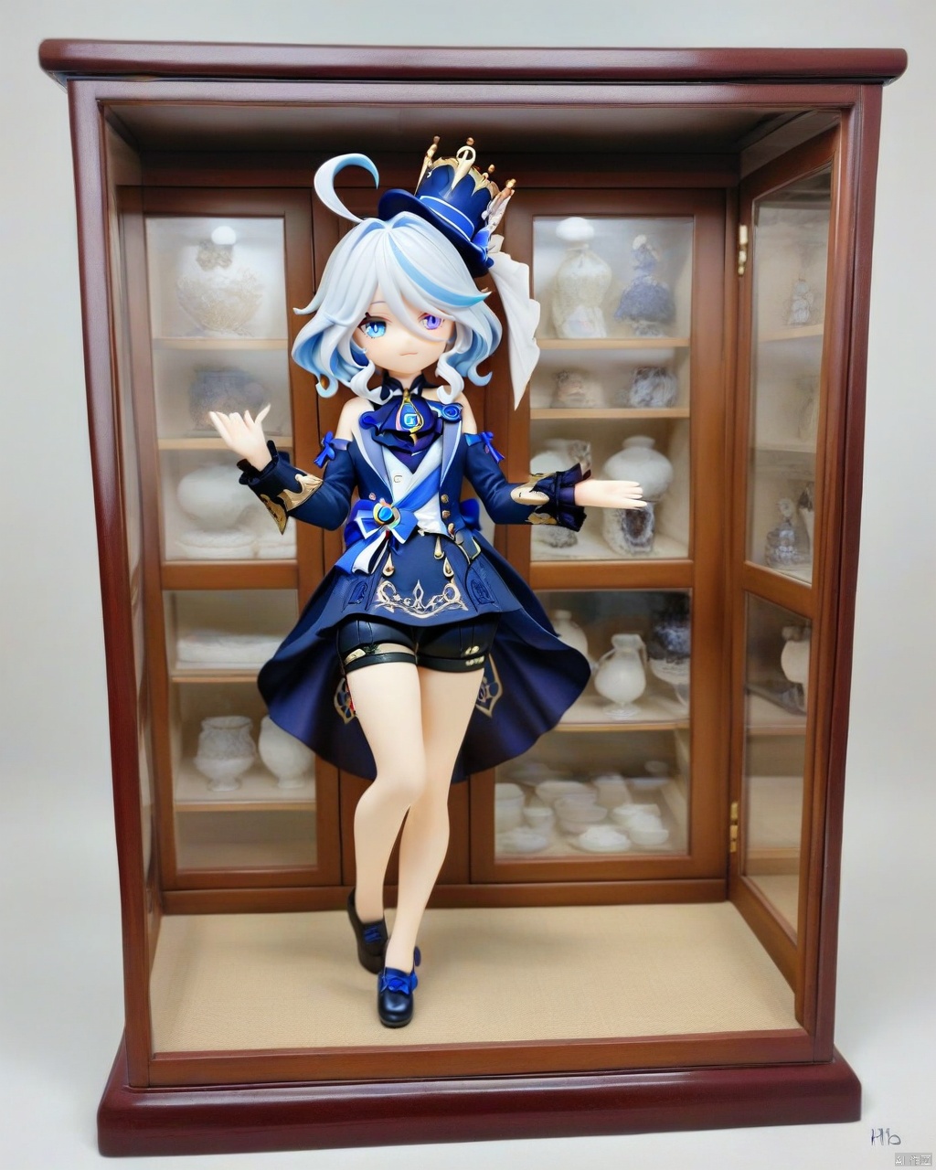  chibi,full body,dance,happy expression,
Positive, delicate facial features,heterochromia, furina, 1girl, solo, cutout dress, clothing cutout, Traditional glasses art  display cabinets, closed mouth, shouban