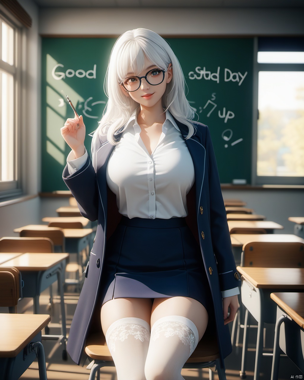  masterpiece, best quality, delicate face, pretty girl, coat,white shirt, skirt, white lace thighhighs, interior, teacher, classroom, chalkboard with word" good good study day day up", smile, glasses, perfect figure, Slim figure,white hair, big breasts, chest tightness, backlight, first-class, low key,warm theme, bright and colorful tones, 3D, high resolution, 1 girl, gorgeously dressed, transparent,sweater,printlegwear,bokeh,刘诗诗