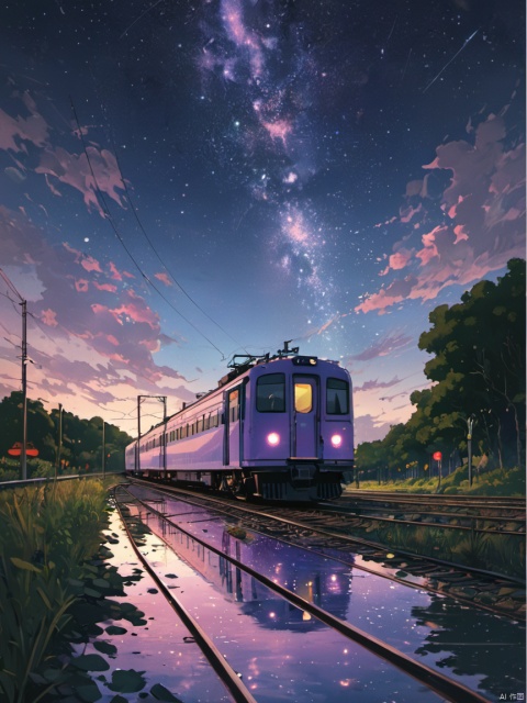 Masterpiece,anime train passing through bodies of water on tracks,purple and pink starry sky,brilliant starry sky. Romantic train,Makoto Shinkai's picture,pixiv,concept art,lofi art style,reflection. by Makoto Shinkai,lofi art,Beautiful anime scene,Anime landscape,detailed scenery ,in style of Makoto shinkai,style of Makoto shinkai,enhanced details
