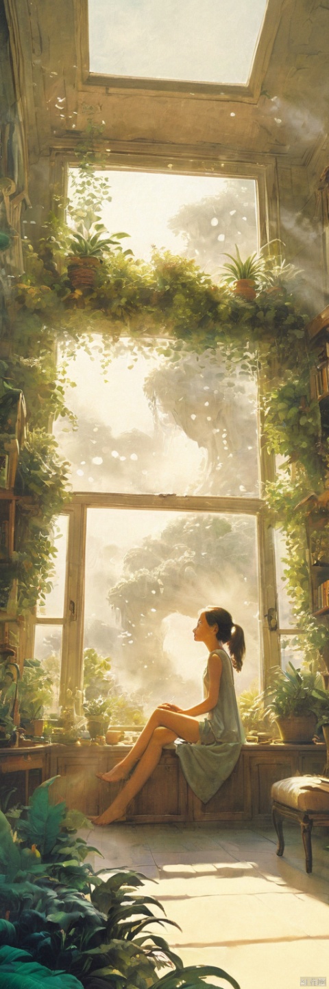 comic,a girl sitting in the sunny room looking at outside, surrounded by lush plants, exuding vitality. Sunlight streamed through the glass windows, falling onto the wooden furniture, creating a warm and cozy atmosphere. She gazed calmly out the window, a peaceful and joyful smile playing on her face, from below,from_behind ,warm theme,bokeh,foggy,by Roger Dean