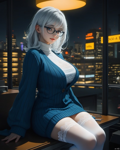  masterpiece, best quality, dark night,black night,dark theme,delicate face, nionpunk,pretty cyborg girl, coat,white shirt, skirt, white lace thighhighs, interior, teacher, city night, neon with word" 110011010111100111", smile, glasses, perfect figure, Slim figure,white hair, big breasts, chest tightness, backlight,  low key,blue cold theme, bright and colorful tones, 3D, high resolution, 1 girl, gorgeously dressed, transparent,sweater,printlegwear,bokeh,刘诗诗