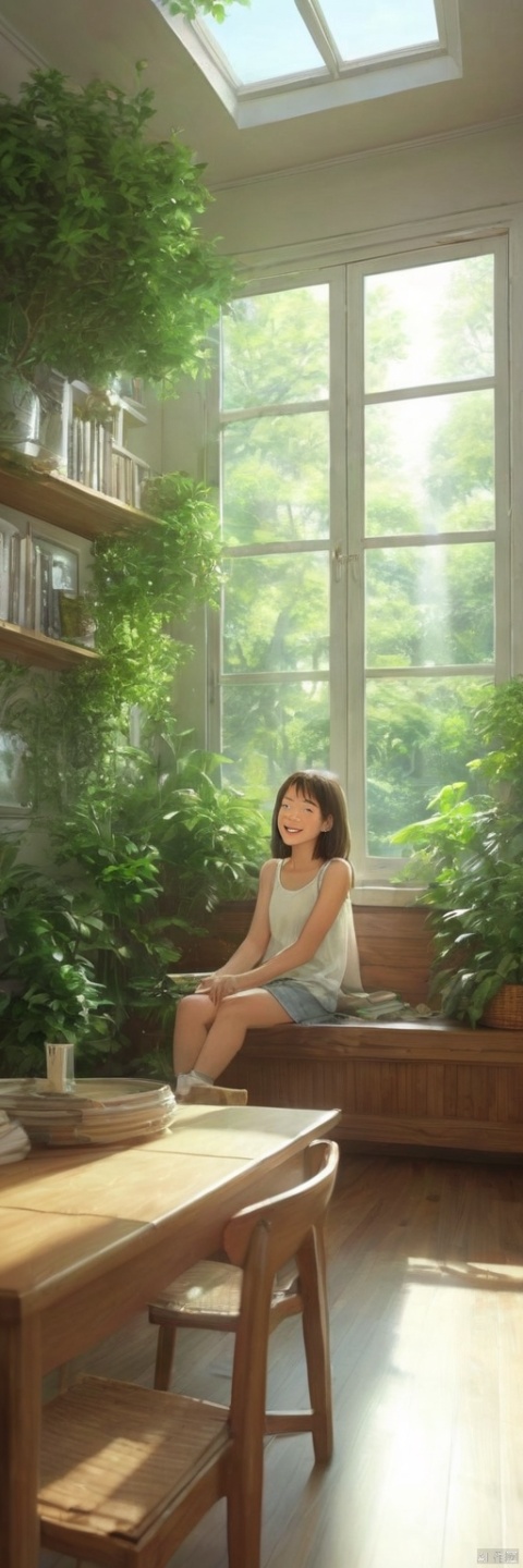 comic,a girl sitting in the sunny room looking at outside, surrounded by lush plants, exuding vitality. Sunlight streamed through the glass windows, falling onto the wooden furniture, creating a warm and cozy atmosphere. She gazed calmly out the window, a peaceful and joyful smile playing on her face, from below,