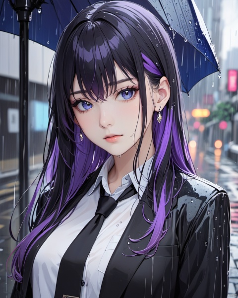 1girl,shirt,solo,necktie,rain,blue eyes,long hair,jewelry,jacket,earrings,black necktie,looking at viewer,black hair,collared shirt,black jacket,upper body,closed mouth,purple hair,multicolored hair,outdoors,bangs,open jacket,wet,background,open clothes,colored inner hair,hair between eyes,
