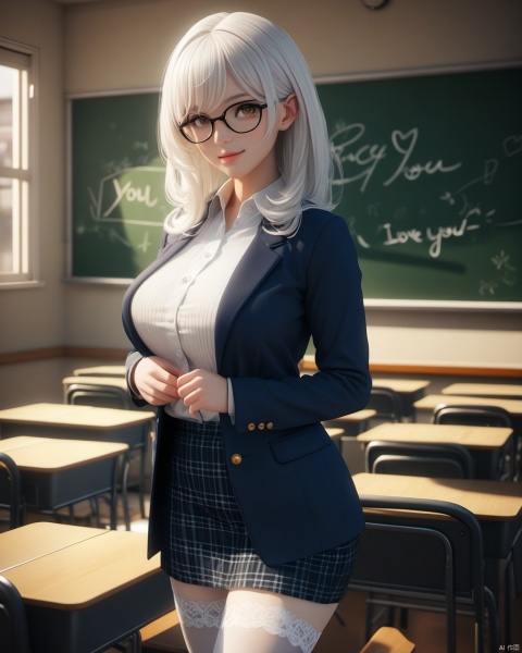 masterpiece, best quality, delicate face, pretty girl, coat,white shirt, skirt, white lace thighhighs, interior, teacher, classroom, chalkboard with word" i love you", smile, glasses, perfect figure, Slim figure,white hair, big breasts, chest tightness, backlight, first-class, low key,warm theme, bright and colorful tones, 3D, high resolution, 1 girl, gorgeously dressed, transparent,sweater,printlegwear,bokeh,刘诗诗