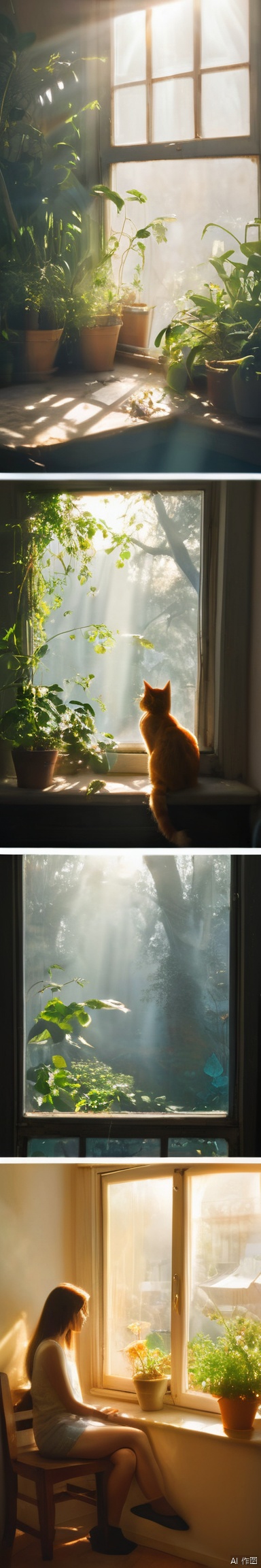 comic,a girl sitting in the sunny room looking at outside, surrounded by lush plants, exuding vitality. Sunlight streamed through the glass windows, falling onto the wooden furniture, creating a warm and cozy atmosphere. She gazed calmly out the window, a peaceful and joyful smile playing on her face,pet cat, from below,from_behind ,cold theme,light and shadow, bokeh,foggy,by Roger Dean,