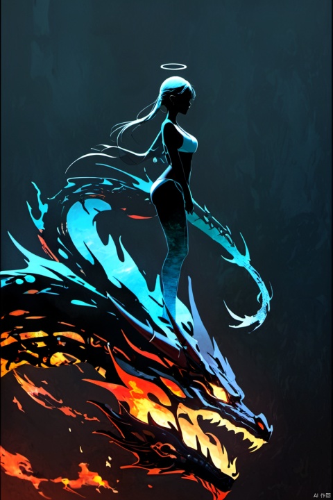  abstract, silhouette painting, ethereal ambiance,dark theme,a bikini busty girl's Colorful silhouette,riding on a cyborg china dragon,loong,from_side,ass focus,fire and ice,simple_background,black background,Minimalist Photography
