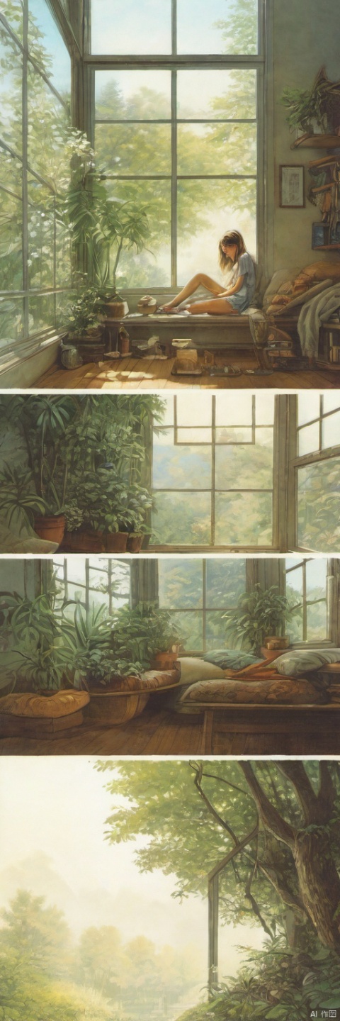 comic,a girl sitting in the sunny room looking at outside, surrounded by lush plants, exuding vitality. Sunlight streamed through the glass windows, falling onto the wooden furniture, creating a warm and cozy atmosphere. She gazed calmly out the window, a peaceful and joyful smile playing on her face, from below,from_behind ,warm theme,bokeh,foggy,by Roger Dean