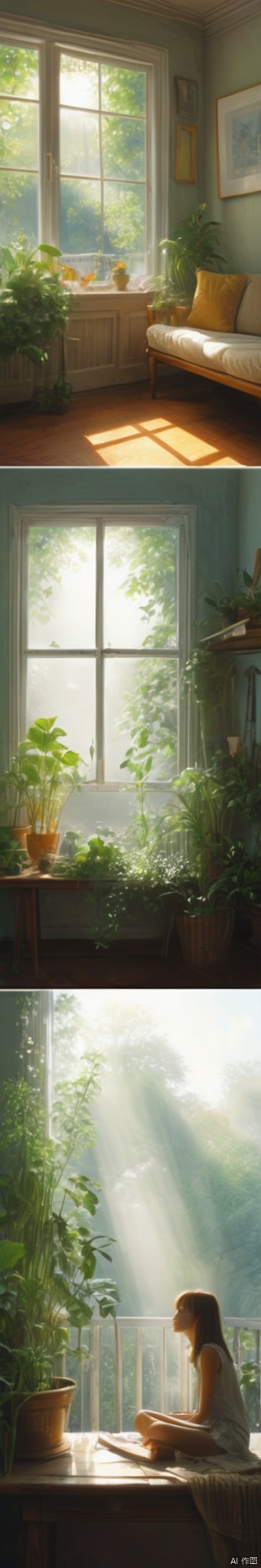 comic,a girl sitting in the sunny room looking at outside, surrounded by lush plants, exuding vitality. Sunlight streamed through the glass windows, falling onto the wooden furniture, creating a warm and cozy atmosphere. She gazed calmly out the window, a peaceful and joyful smile playing on her face, from below,from_behind ,warm theme,light and shadow, bokeh,foggy,by Roger Dean,