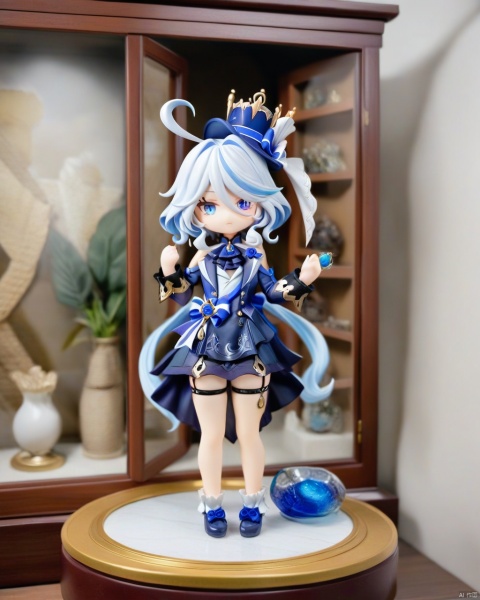  chibi,full body,Gameplay,happy expression,
Positive, delicate facial features,heterochromia, furina, 1girl, solo, cutout dress, clothing cutout, Traditional glass art  display cabinets, closed mouth, shouban