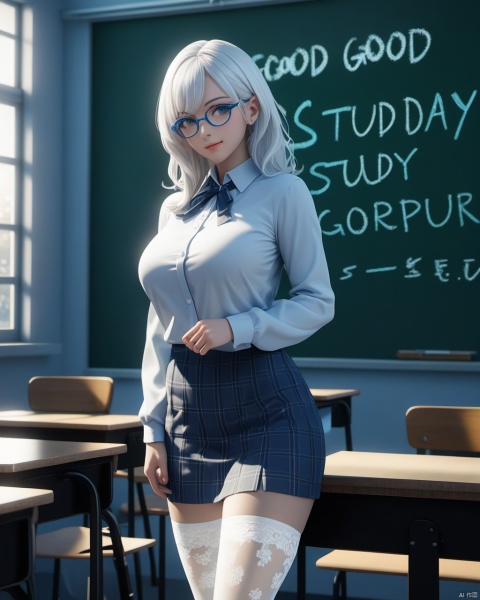  masterpiece, best quality, delicate face, pretty cyborg girl, coat,white shirt, skirt, white lace thighhighs, interior, teacher, classroom, chalkboard with word" good good study day day up", smile, glasses, perfect figure, Slim figure,white hair, big breasts, chest tightness, backlight, first-class, low key,blue cold theme, bright and colorful tones, 3D, high resolution, 1 girl, gorgeously dressed, transparent,sweater,printlegwear,bokeh,刘诗诗