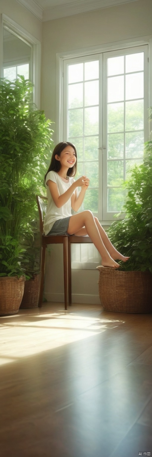 a girl sitting in the sunny room surrounded by lush plants, exuding vitality. Sunlight streamed through the glass windows, falling onto the wooden furniture, creating a warm and cozy atmosphere. She gazed calmly out the window, a peaceful and joyful smile playing on her face., from below,