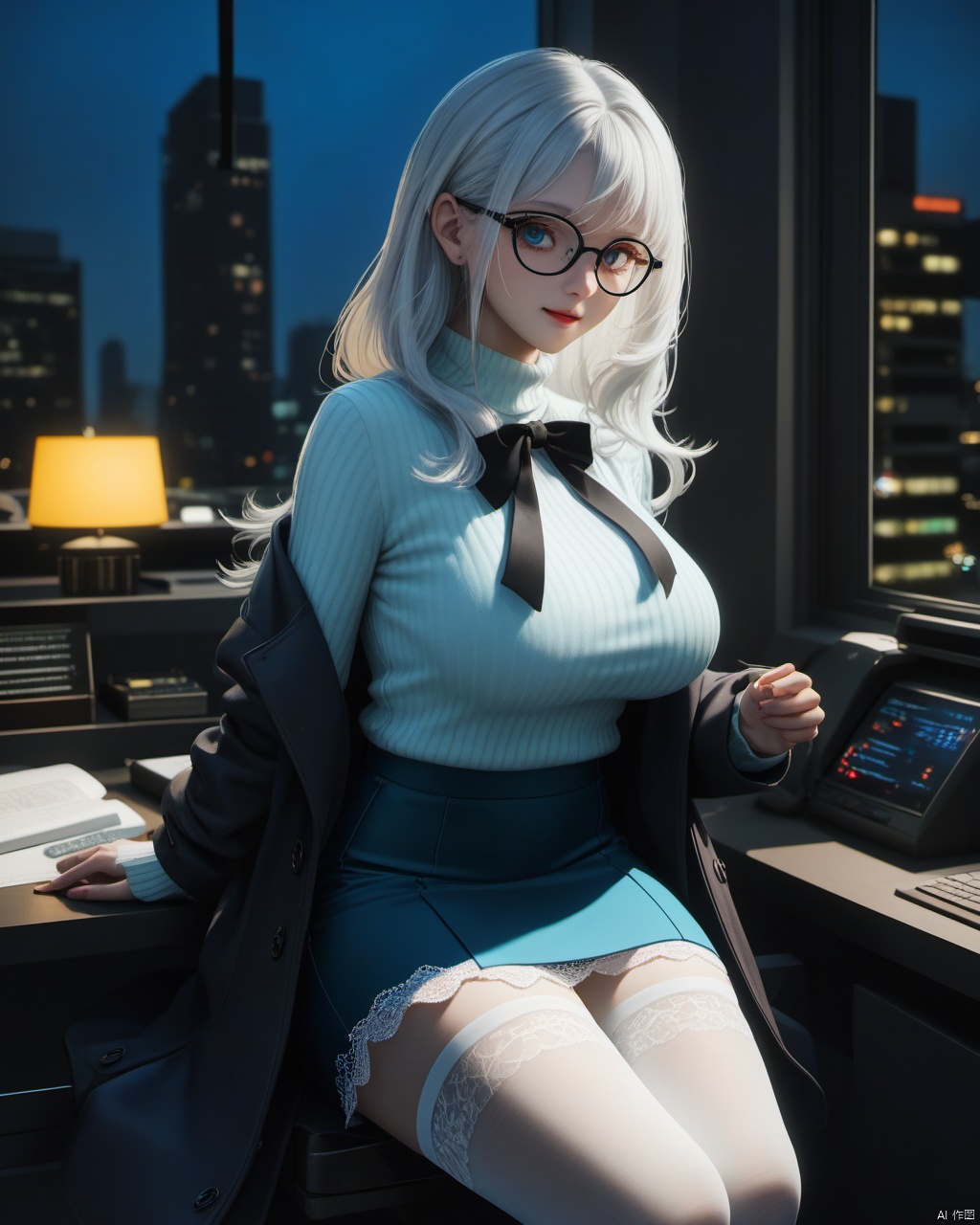  masterpiece, best quality, dark night,black night,dark theme,delicate face, nionpunk,pretty cyborg girl, coat,white shirt, skirt, white lace thighhighs, interior, teacher, city night, neon with word" 110011010111100111", smile, glasses, perfect figure, Slim figure,white hair, big breasts, chest tightness, backlight,  low key,blue cold theme, bright and colorful tones, 3D, high resolution, 1 girl, gorgeously dressed, transparent,sweater,printlegwear,bokeh,刘诗诗