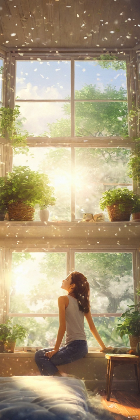 comic,a girl sitting in the sunny room looking at outside, surrounded by lush plants, exuding vitality. Sunlight streamed through the glass windows, falling onto the wooden furniture, creating a warm and cozy atmosphere. She gazed calmly out the window, a peaceful and joyful smile playing on her face, from below,from_behind ,warm theme,bokeh,foggy