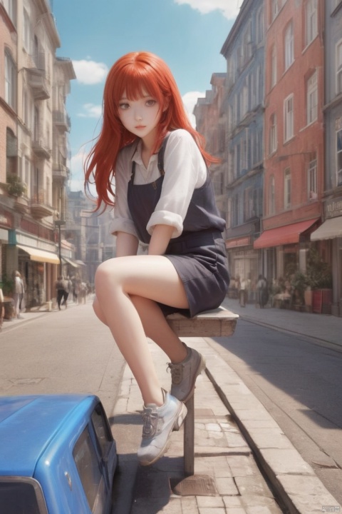  full-length 3d render of a (giant:2) anime woman sitting on a truck in a miniature city street, (realistic:1.2), (view from above:1.3)
