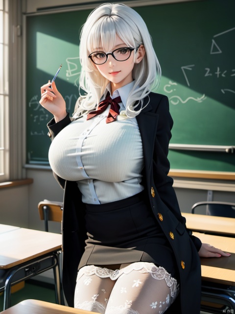  masterpiece, best quality, delicate face, pretty girl, coat,white shirt, skirt, white lace thighhighs, interior, teacher, classroom, chalkboard, smile, glasses, perfect figure, Slim figure,white hair, big breasts, huge breasts, chest tightness, backlight,  first-class, low key,worm theme, bright and colorful tones, 3D, high resolution, 1 girl, gorgeously dressed, transparent,sweater,print legwear