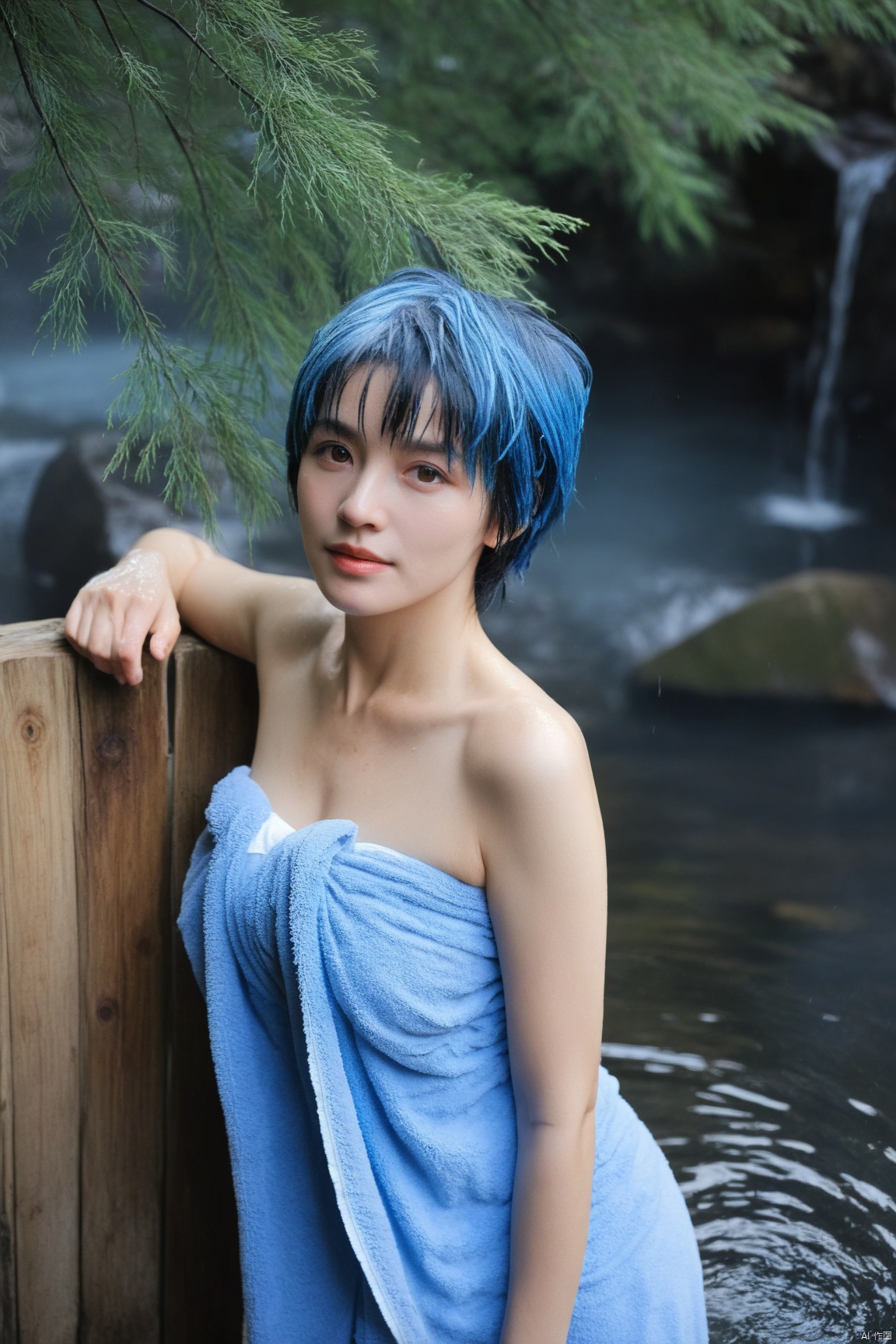  arien_hanfu,big_breasts,a 60yo lady,old woman, left and right different colors, onsen,  solo, towel, blue eyes, naked towel, steam, blue hair, blush, short hair, looking at viewer, bangs, wet, wading, outdoors, collarbone, hair between eyes, tree, water, cleavage, night, fence, standing, bare shoulders, rock, wet towel, bare arms, wooden fence, dutch angle, covering mouth, lantern, bare tree, ass visible through thighs
, color patches,contrast, swukong