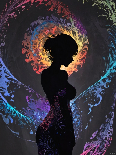  silhouette painting, ethereal ambiance,dark theme,a nude busty girl's Colorful silhouette,from_behind,simple_background,black background,Minimalist Photography,fractal art,
