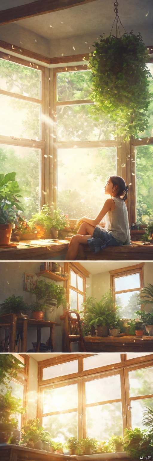 comic,a girl sitting in the sunny room looking at outside, surrounded by lush plants, exuding vitality. Sunlight streamed through the glass windows, falling onto the wooden furniture, creating a warm and cozy atmosphere. She gazed calmly out the window, a peaceful and joyful smile playing on her face, from below,from_behind ,warm theme,bokeh,foggy