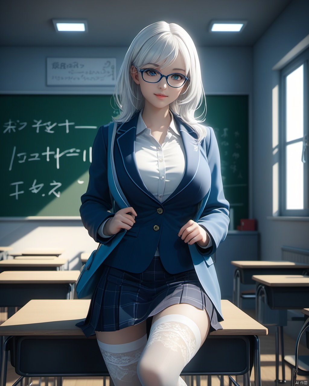  masterpiece, best quality, delicate face, pretty cyborg girl, coat,white shirt, skirt, white lace thighhighs, interior, teacher, classroom, chalkboard with word" good good study day day up", smile, glasses, perfect figure, Slim figure,white hair, big breasts, chest tightness, backlight, first-class, low key,blue cold theme, bright and colorful tones, 3D, high resolution, 1 girl, gorgeously dressed, transparent,sweater,printlegwear,bokeh,刘诗诗