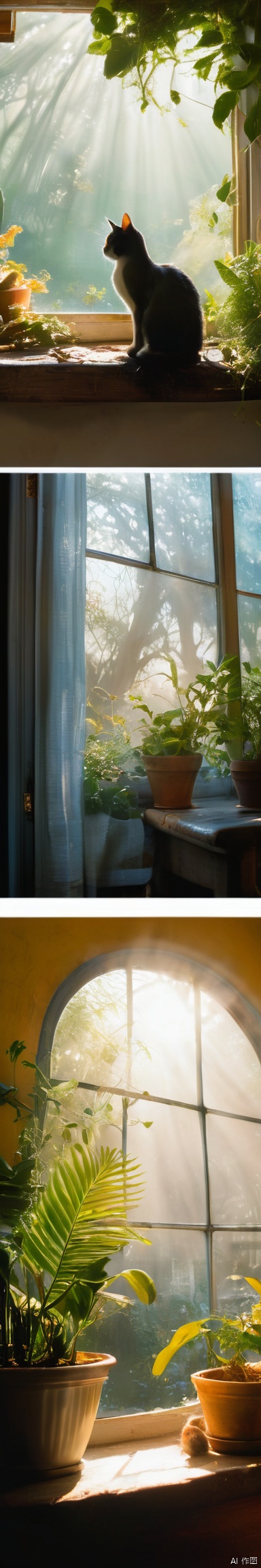 comic,a girl sitting in the sunny room looking at outside, surrounded by lush plants, exuding vitality. Sunlight streamed through the glass windows, falling onto the wooden furniture, creating a warm and cozy atmosphere. She gazed calmly out the window, a peaceful and joyful smile playing on her face,pet cat, from below,from_behind ,cold theme,light and shadow, bokeh,foggy,by Roger Dean,